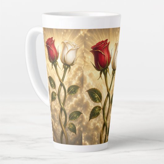Verschlungene rote und weiße Rosen. Milchtasse (Linke Ecke)