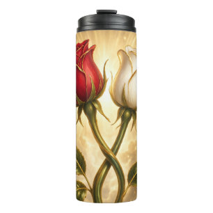 Verschlungene rote und weiße Rosen. Thermosbecher