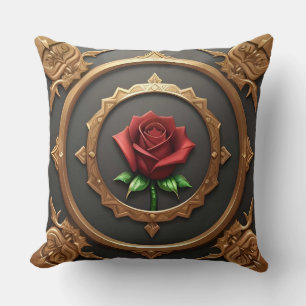 Verschlungener goldener Rahmen mit roter Rose Kissen
