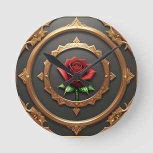 Verschlungener goldener Rahmen mit roter Rose Runde Wanduhr