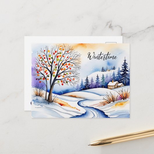 Verschneite Landschaft - Haus am Waldrand | Postkarte (Vorderseite/Rückseite Beispiel)