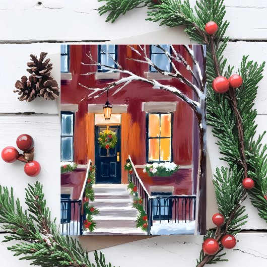 Verschneite Stadt Stoop | Weihnachten Winter Aquar