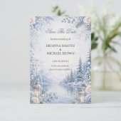 Verschneites Seeufer unter Winterblüten Save The Date (Stehend Vorderseite)