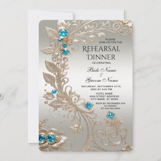 Verschönern Gold Blue Stones Probe Dinner Einladung (Vorderseite)