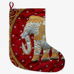 Verschönertes indischer Elefant-Rot und Gold Großer Weihnachtsstrumpf