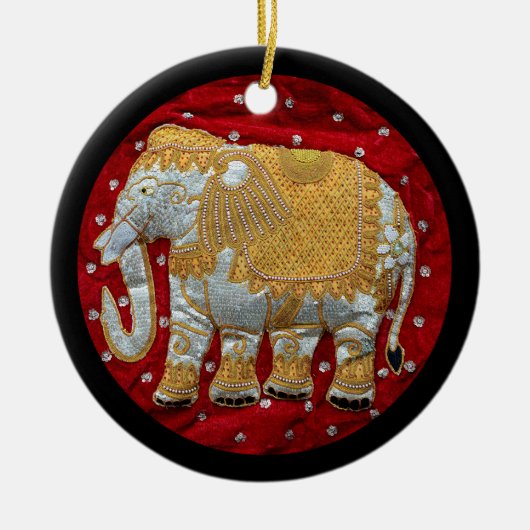 Verschönertes indischer Elefant-Rot und Gold Keramikornament (Vorne)