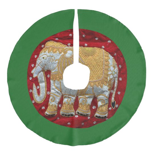 Verschönertes indischer Elefant-Rot und Gold Leinenimitat Weihnachtsbaumdecke (Vorderseite)