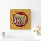 Verschönertes indischer Elefant-Rot und Gold Quadratische Wanduhr (Zuhause)