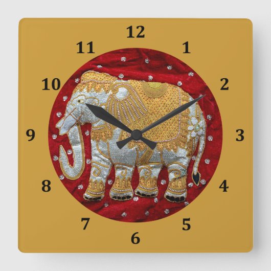 Verschönertes indischer Elefant-Rot und Gold Quadratische Wanduhr (Vorderseite)