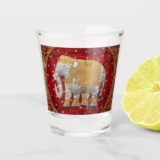 Verschönertes indischer Elefant-Rot und Gold Schnapsglas (Vorderseite)