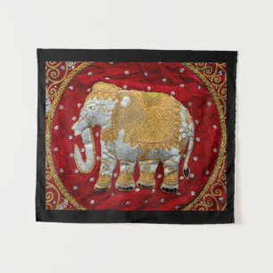 Verschönertes indischer Elefant-Rot und Gold Wandteppich