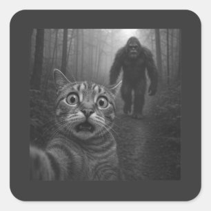 Verschrecktes Katzen-Selfie mit Sasquatsch Bigfoot Quadratischer Aufkleber