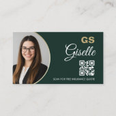 Versicherung Agent Smaragdgrün Gold Foto QR-Code Visitenkarte (Vorderseite)
