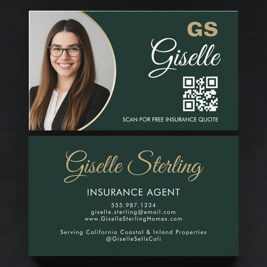 Versicherung Agent Smaragdgrün Gold Foto QR-Code Visitenkarte