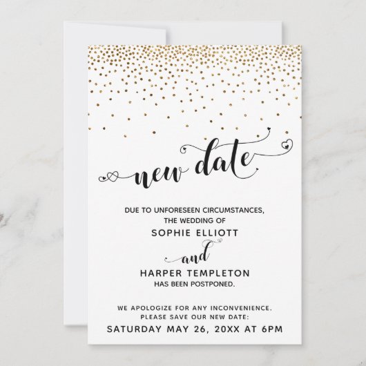 Verspätete Hochzeit Gold Confetti & Herz Neuer Ter Einladung (Vorderseite)