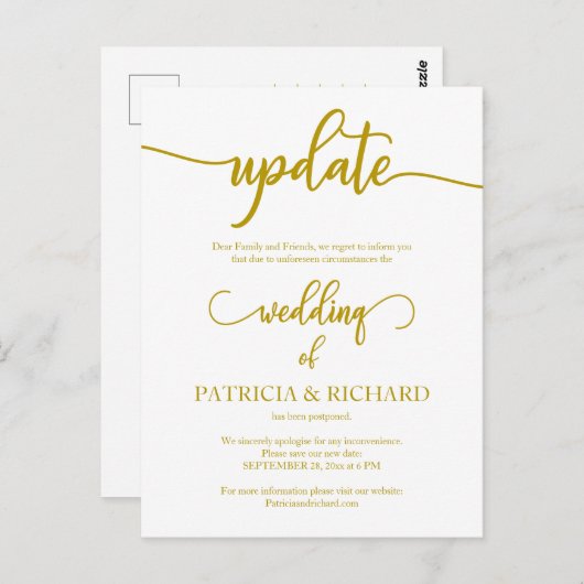 Verspätete Hochzeitdatumankündigung Gold Postkarte (Vorne/Hinten)