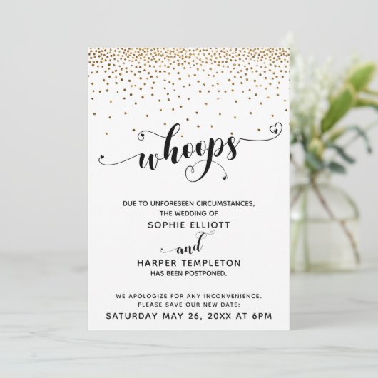 Verspätete Hochzeiten Gold Confetti & Hearts Einladung (Stehend Vorderseite)