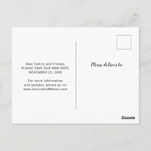 Verspätete Hochzeitsankündigung ändern das Datum Postkarte (Rückseite)
