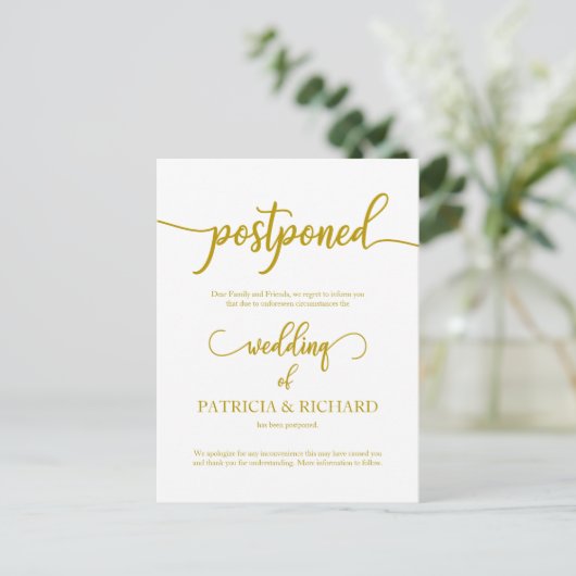 Verspätete Hochzeitsankündigung Elegantes Gold Postkarte (Stehend Vorderseite)