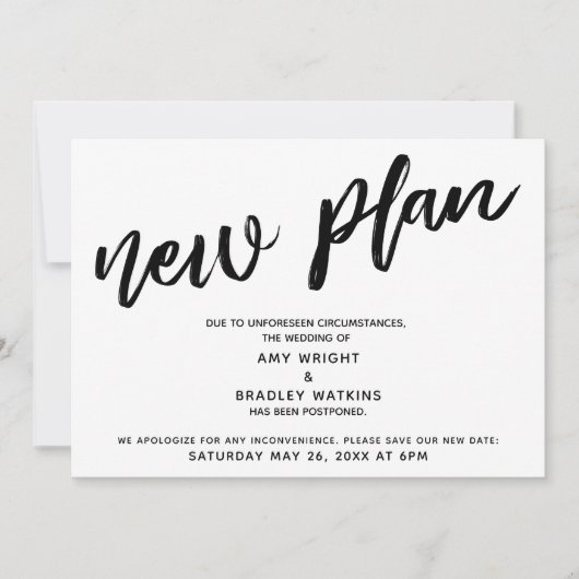 Verspätete Hochzeitsankündigung "Neuer Plan" Einladung (Vorderseite)