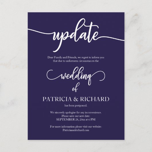 Verspätete Hochzeitserklärung Ankündigung Navy Blu Postkarte (Vorderseite)