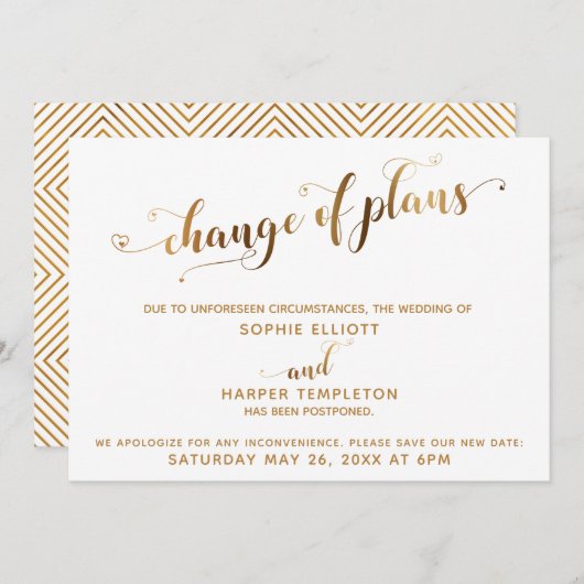 Verspätete Hochzeitsumstellung der Pläne Gold & He Einladung (Vorne/Hinten)