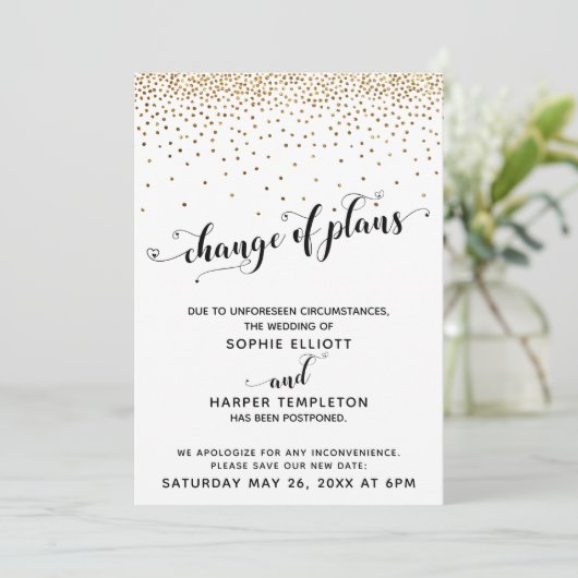 Verspätete Pläne für HochzeitGold Confetti Einladung (Stehend Vorderseite)