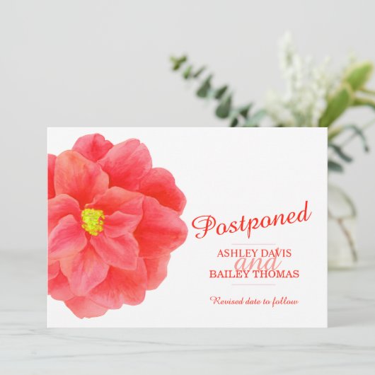 Verspätete Rote Kamelie Absage der Hochzeit Ankündigung (Stehend Vorderseite)