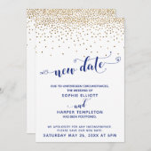 Verspätetes HochzeitGold Confetti Navy neues Datum Einladung (Vorne/Hinten)