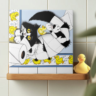 Verspielte Anzugkatze Toilettenpapier Chaos Blau G Fliese