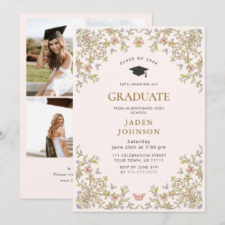 Verspielte Blumen-Grace-Boho-4-Foto-Abschlussfeier Einladung