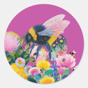 Verspielte Bunte Honigbiene Wildblume Runder Aufkleber