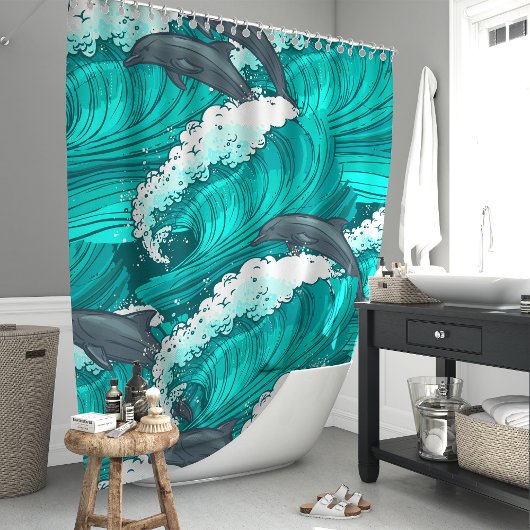 Verspielte Delphine und Meereswellen Duschvorhang