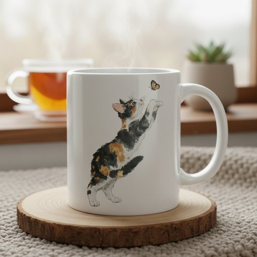 Verspielte Dreifarbenkatze und Schmetterling Wasse Kaffeetasse