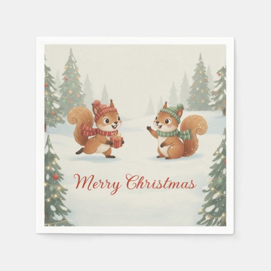 Verspielte Eichhörnchen im Weihnachts-Winterwald Serviette (Vorderseite)