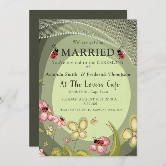 Verspielte Hochzeit von Grün und Lady-Vogel Einladung (Vorne/Hinten)