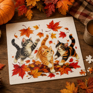 Verspielte Kätzchen jagen Herbstlaub Puzzle