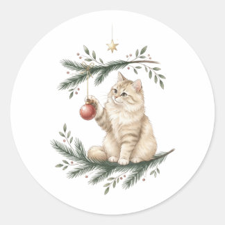 Verspielte Katze mit Weihnachtsschmuck-Aufkleber Runder Aufkleber