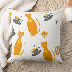 Verspielte orange Katze & Teetassen-Muster Kissen