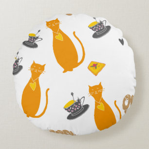 Verspielte orange Katze & Teetassen-Muster Rundes Kissen
