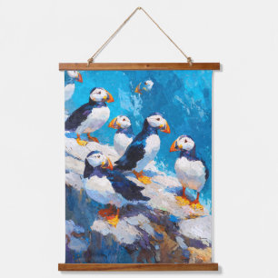 Verspielte Papageientaucher Blue Ocean Cliff Kunst Wandteppich Mit Holzrahmen