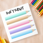 Verspielte, pastellfarbene Stifte Vergessen Sie ni Notizblock<br><div class="desc">Entfesseln Sie Ihre Kreativität und verpassen Sie nie eine Aufgabe mit diesem spielerischen und anpassbaren Notizblock. Dieses Notizblock ist mit einer Reihe von Pastellstiften in sanften Farbtönen geschmückt und lädt Sie ein, Noten mit einer Touch von Launen zu verbinden. Der "DON’T FORGET"-Header in einem lässigen Skript fügt Ihrem Alltag eine...</div>
