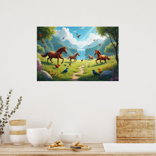Verspielte Pferde und Vögel auf üppiger Wiese Poster