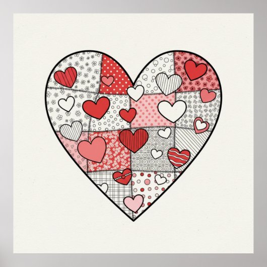 Verspielte rote und rosa Patchwork-Herz-Collage-Ku Poster (Vorne)