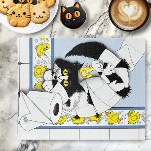 Verspielte Tuxedo-Katze Toilettenpapier Chaos Blau Puzzle