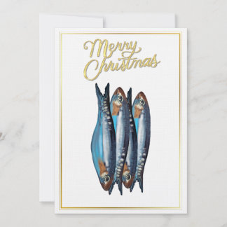 Verspielte Weihnachtskarte mit blauen Fischen und Feiertagskarte