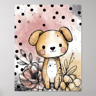 Verspielte Welpen-Blumen-Aquarell-Kunst (1) Poster