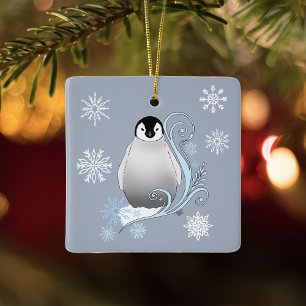 Verspielte Winter-Pinguin-Art-Nouveau-Schneeflocke Keramikornament