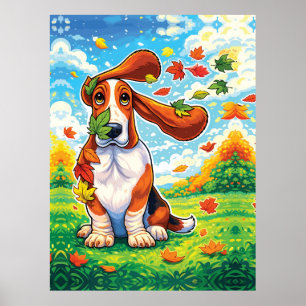 Verspielter Basset Hound Herbstlaub Cartoon Poster