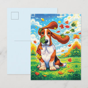 Verspielter Basset Hound Herbstlaub Cartoon Postkarte